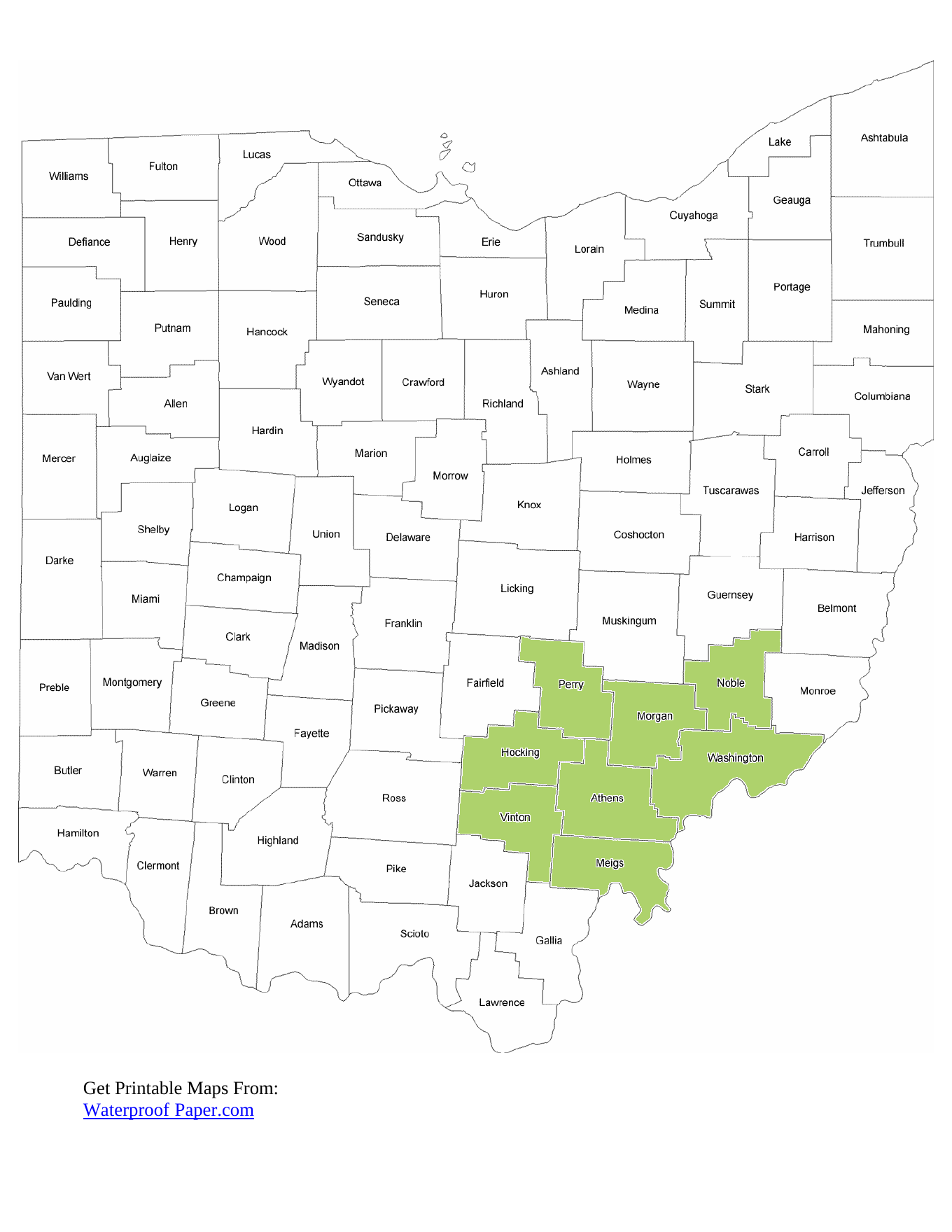 Ohio county map highlighting Washington, Noble, Morgan, Athens, Meigs, Vinton, Hocking and Perry counties