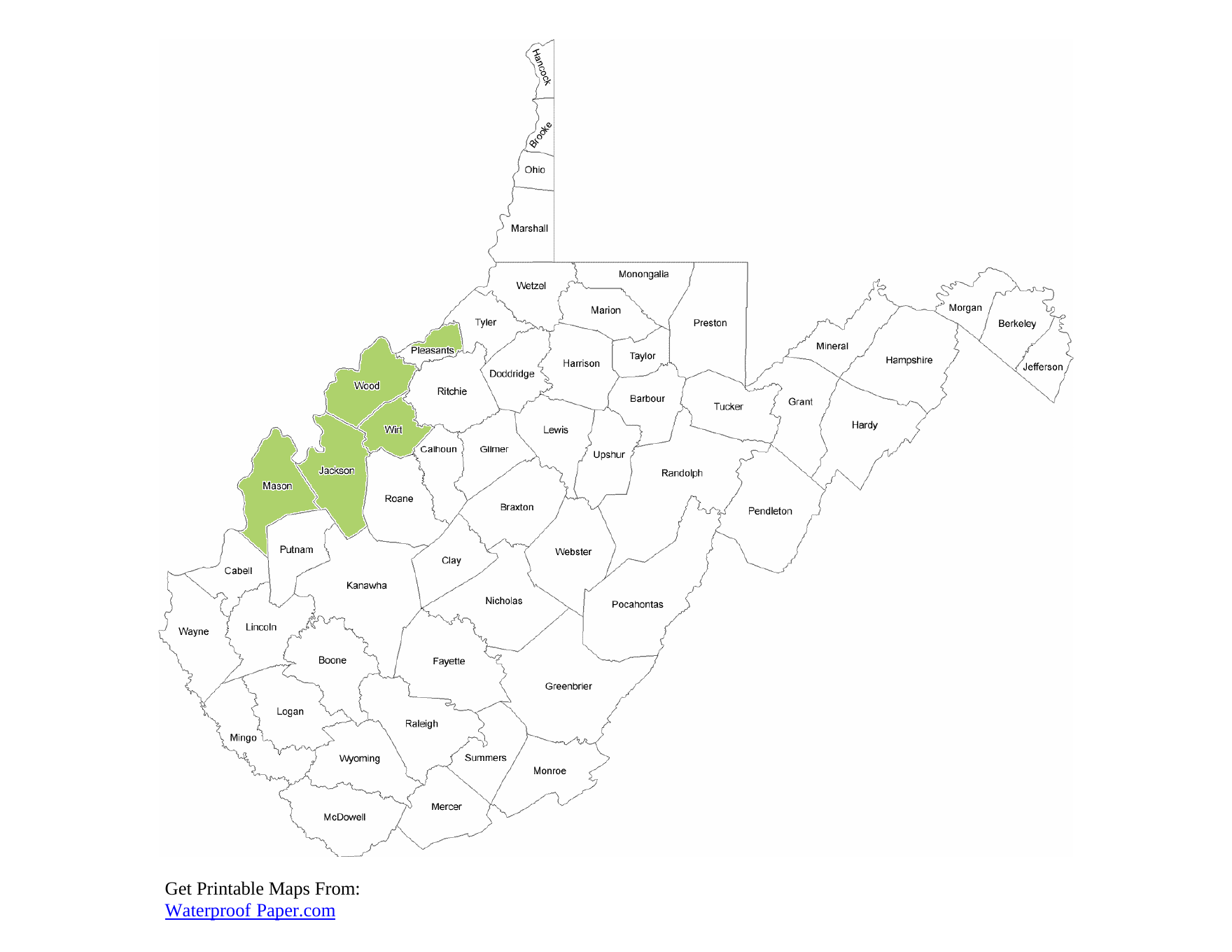 West Virginia county map highlighting Wood, Jackson, Mason, Wirt and Pleasants counties